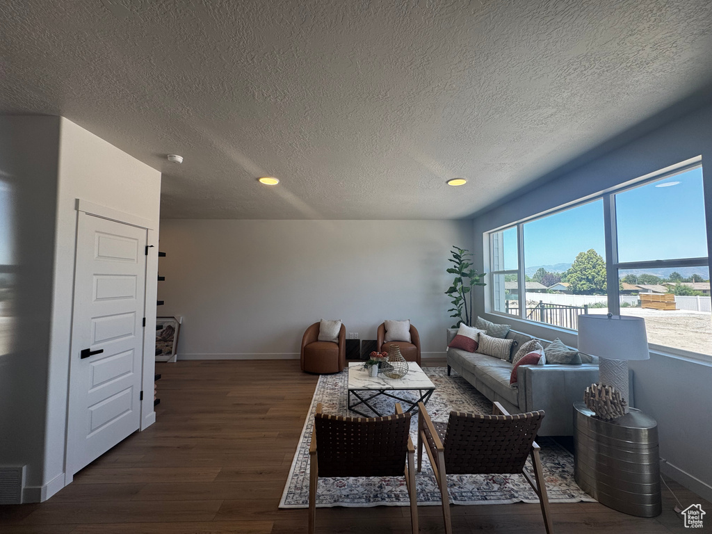 Living area with wood finished floors, a textured ceiling, and recessed lighting