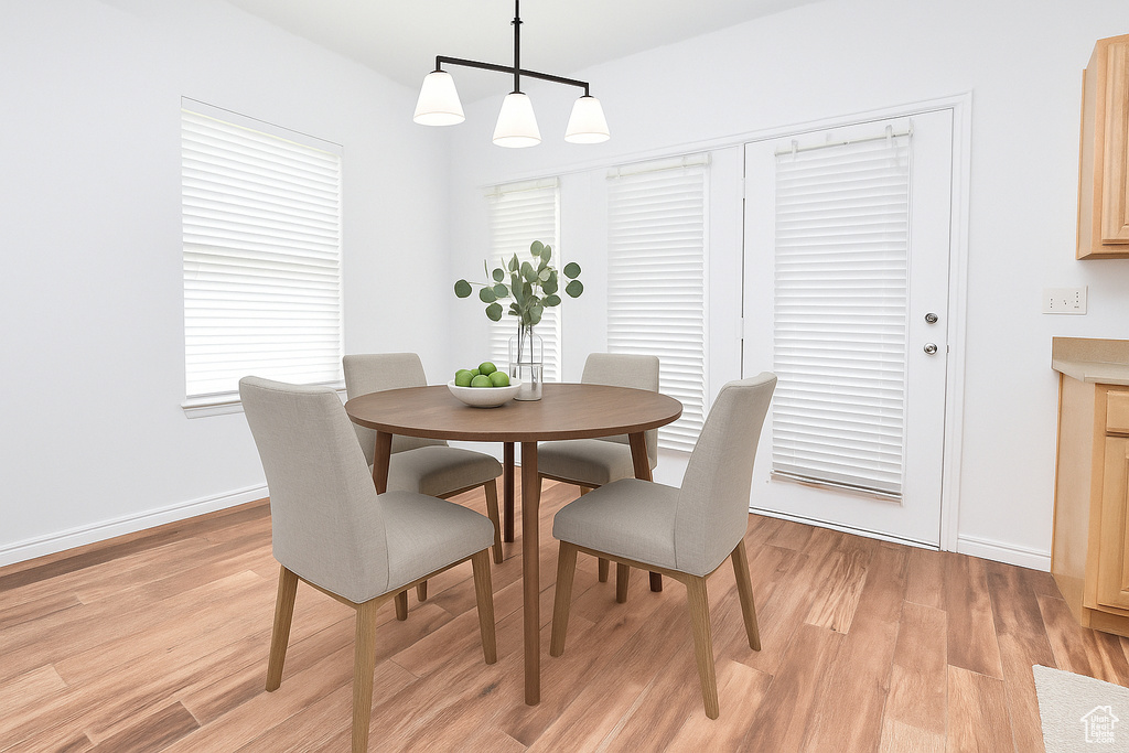 Dining room with light wood finished floors and plenty of natural light