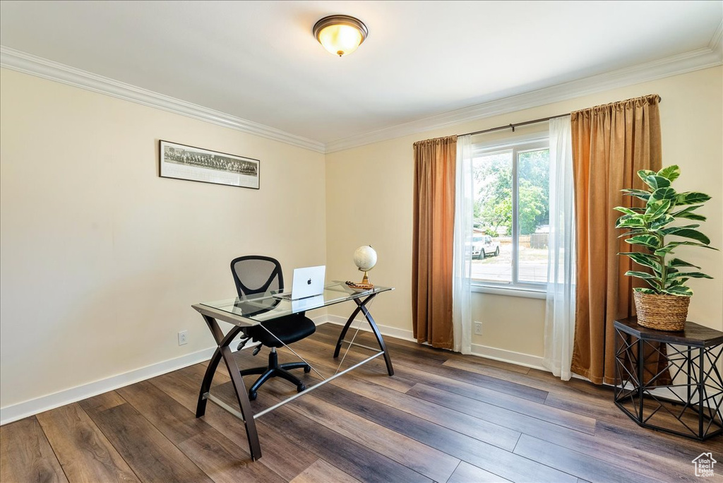 Home office with ornamental molding and dark wood-type flooring