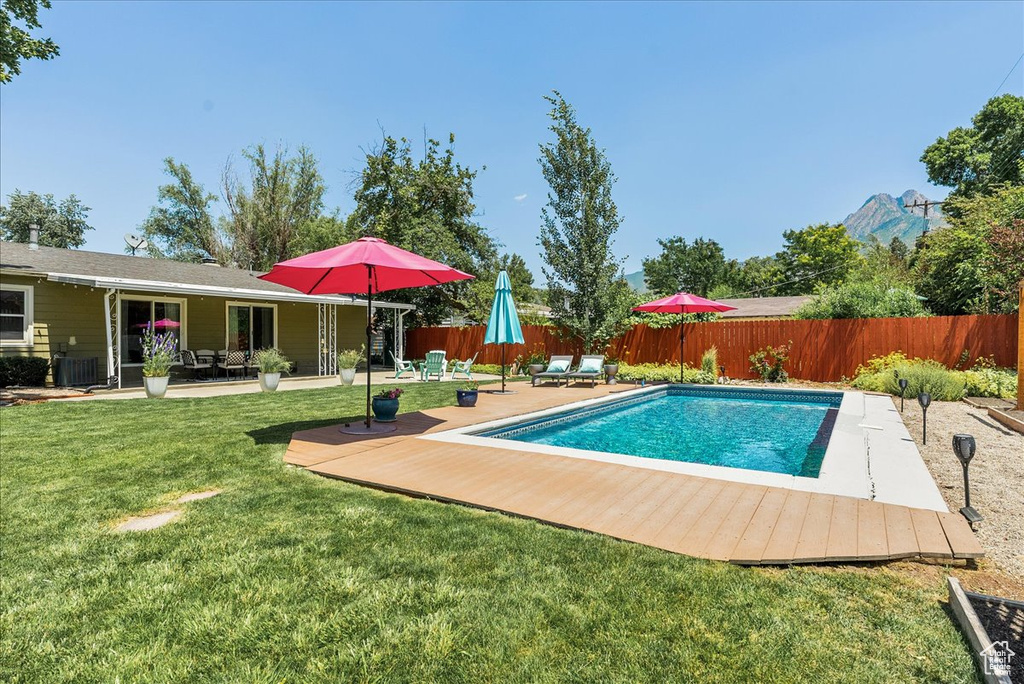 View of pool featuring a fenced backyard and a patio