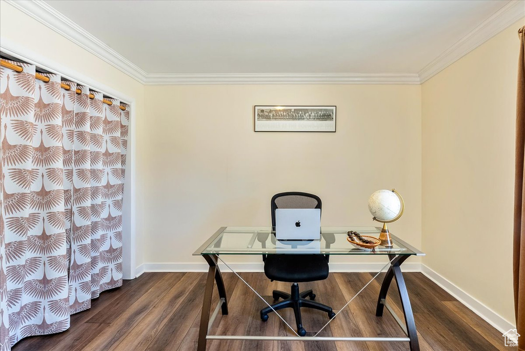 Office with ornamental molding and dark wood finished floors