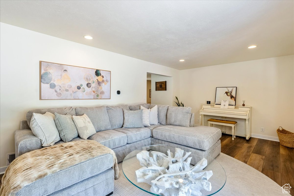 Living room with dark wood-style flooring and recessed lighting