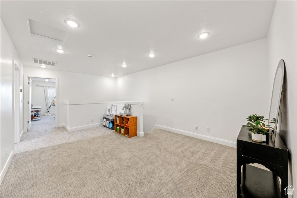 Office featuring attic access, light carpet, and recessed lighting