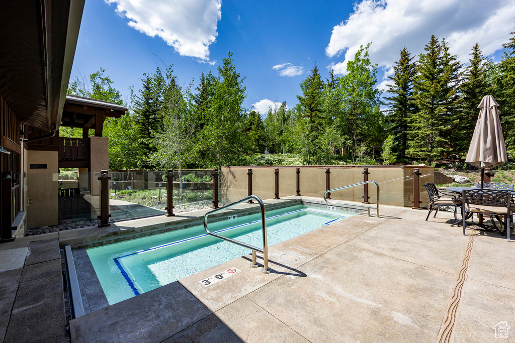 View of pool featuring a swimming pool, a patio, and outdoor dining space