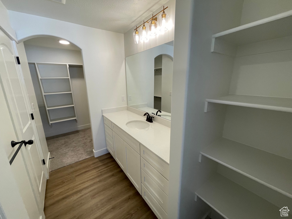 Bathroom featuring vanity, wood finished floors, and a spacious closet