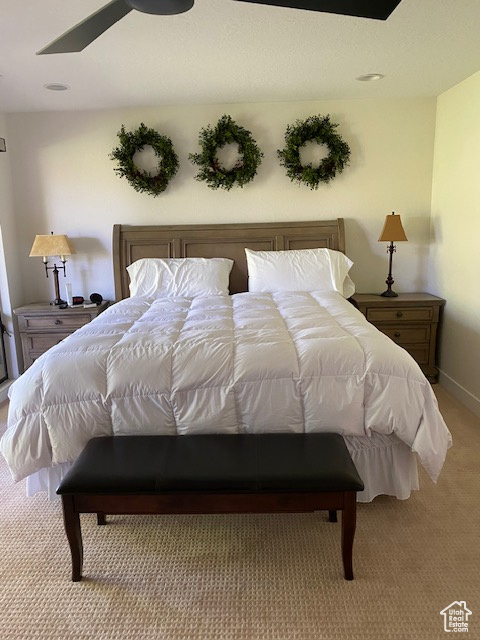 Bedroom with light carpet and baseboards