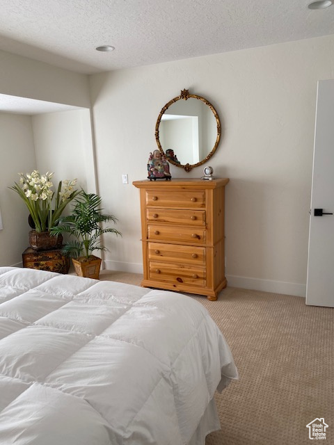 Bedroom featuring light colored carpet and a textured ceiling