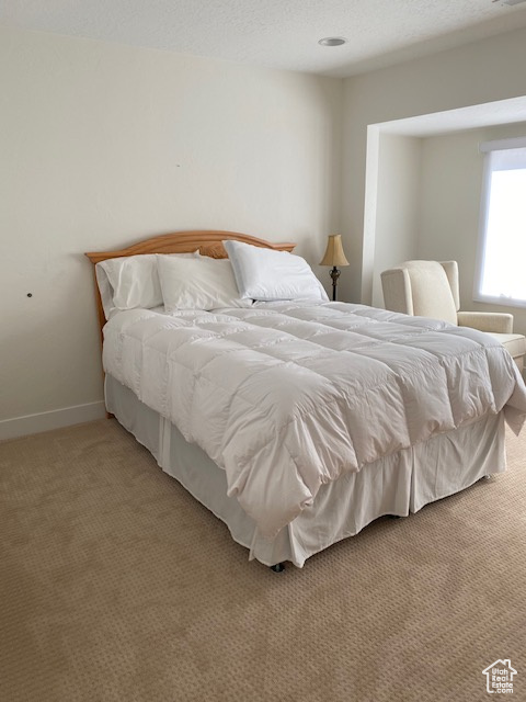 Bedroom featuring light colored carpet and a textured ceiling
