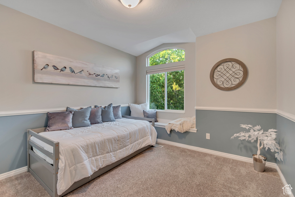 Bedroom with lofted ceiling and carpet flooring