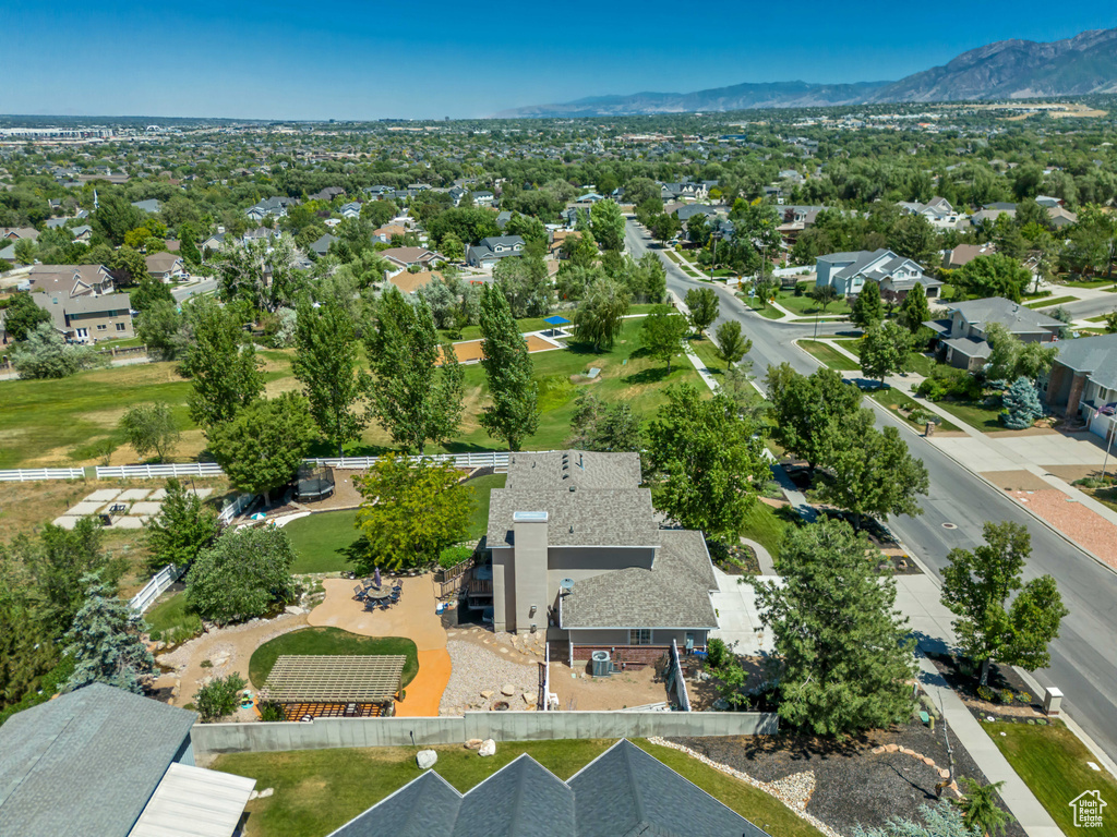 Aerial view of residential area with mountains