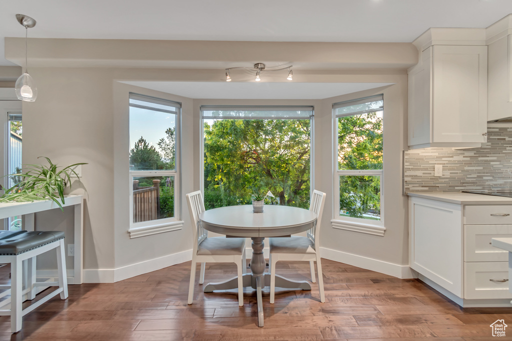 Dining space with plenty of natural light and light wood-style floors