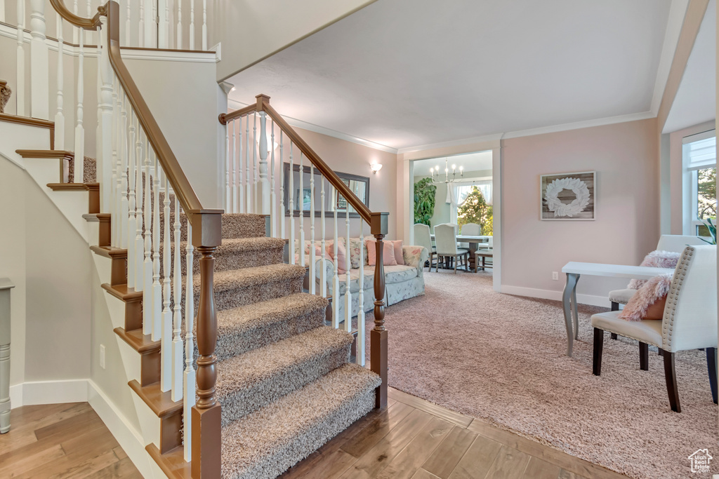 Stairway with crown molding, wood finished floors, and a chandelier