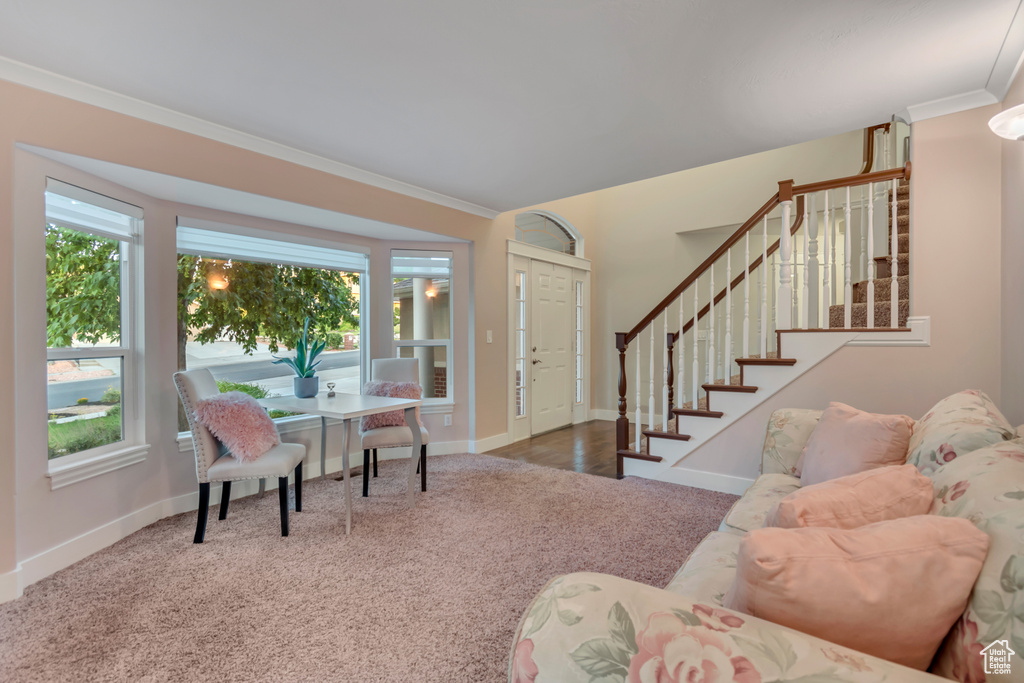 Living room with carpet, ornamental molding, healthy amount of natural light, and stairway