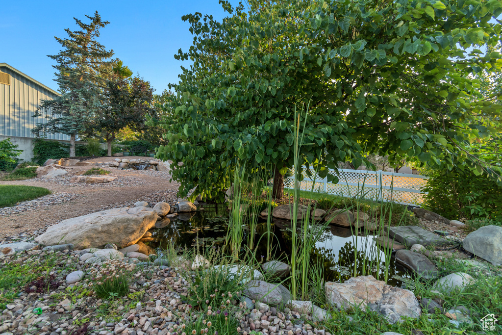View of yard featuring a garden pond