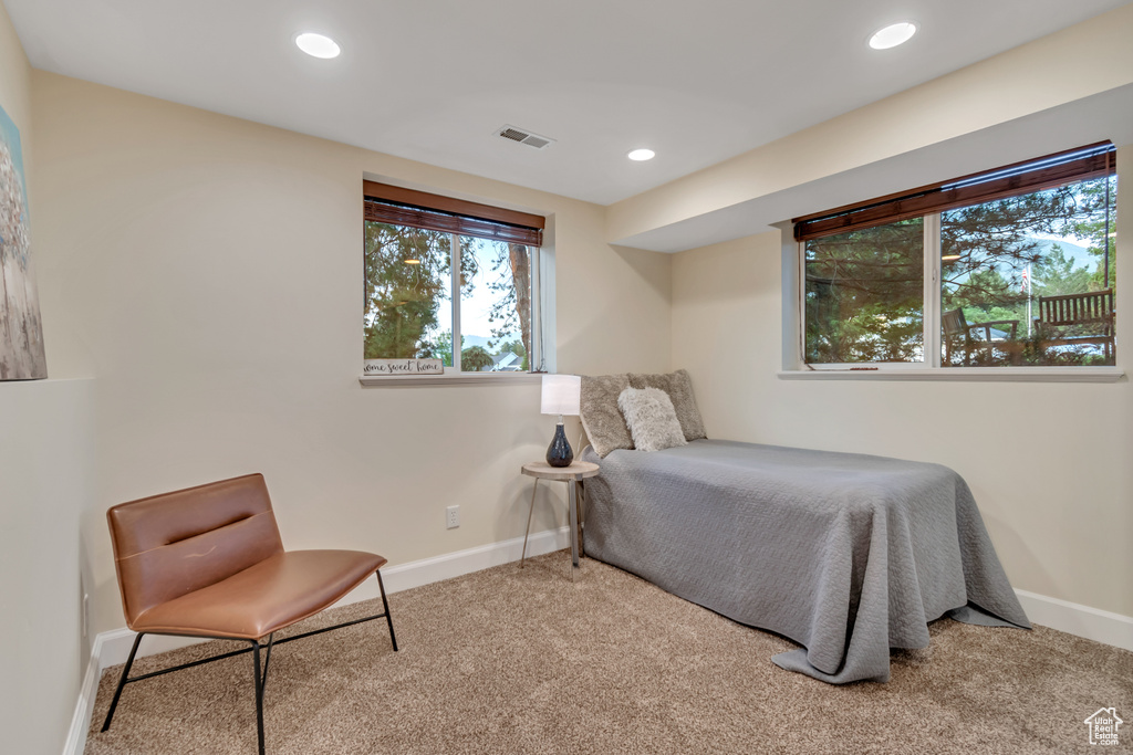 Carpeted bedroom with baseboards and recessed lighting