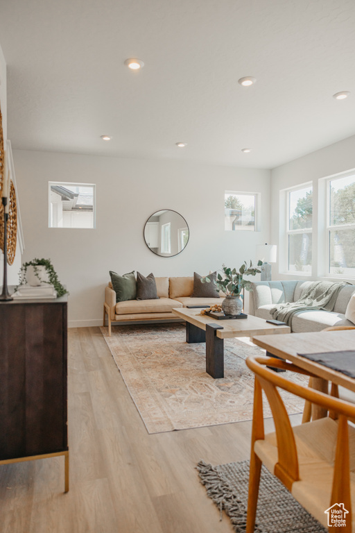 Living room featuring light wood-style floors and recessed lighting