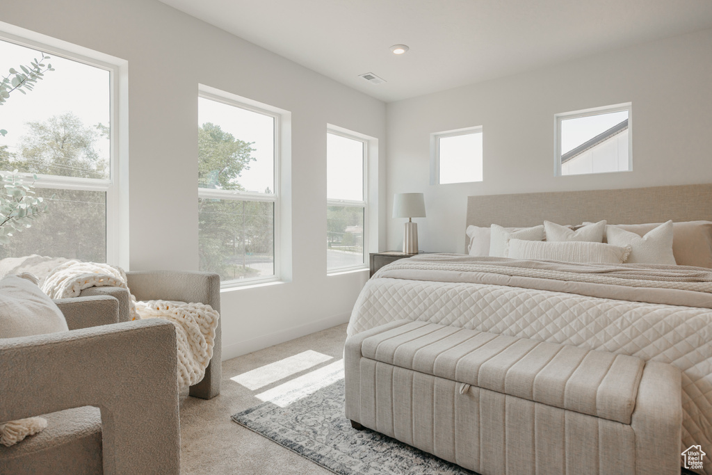 Bedroom with light carpet and baseboards