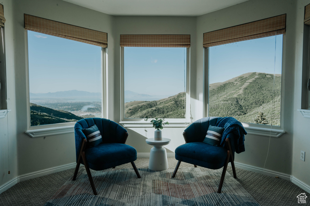 Living area with carpet and a mountain view