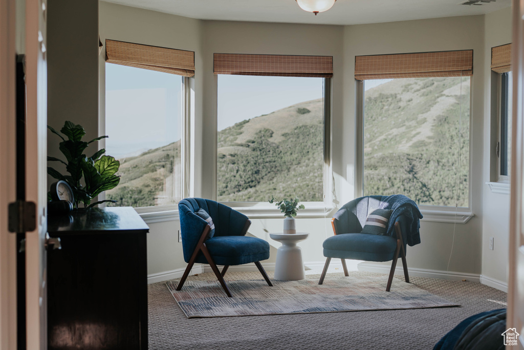 Sitting room with carpet flooring and a mountain view
