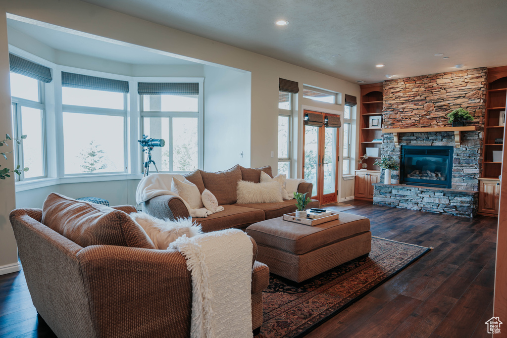 Living room with dark wood finished floors, a stone fireplace, recessed lighting, and built in features