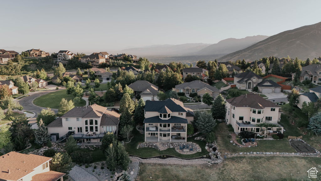 Aerial view of residential area with mountains
