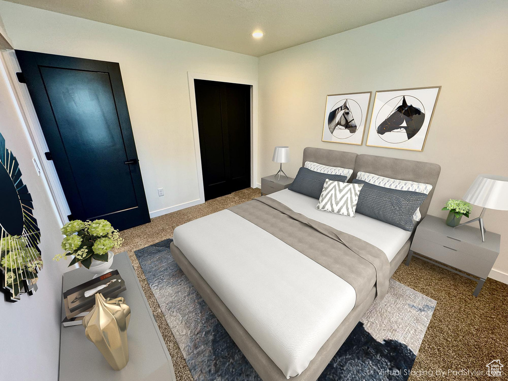 Carpeted bedroom with baseboards and recessed lighting