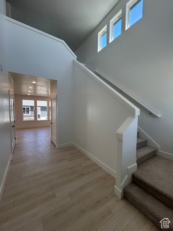 Stairway featuring wood finished floors and a high ceiling