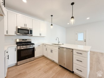 Kitchen with stainless steel appliances, a peninsula, light wood-type flooring, light countertops, and recessed lighting