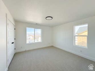 Unfurnished bedroom featuring light carpet