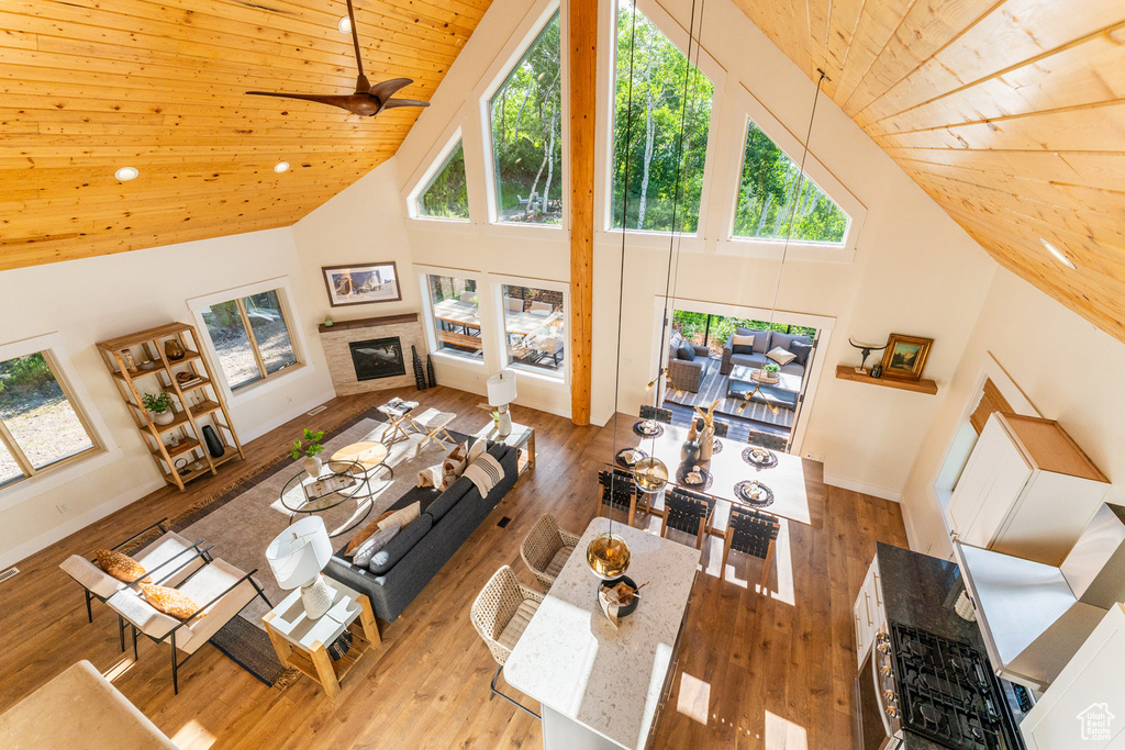 Living area featuring high vaulted ceiling, a glass covered fireplace, wooden ceiling, healthy amount of natural light, and wood finished floors