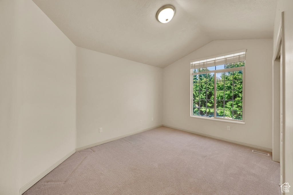 Additional living space featuring light colored carpet and vaulted ceiling