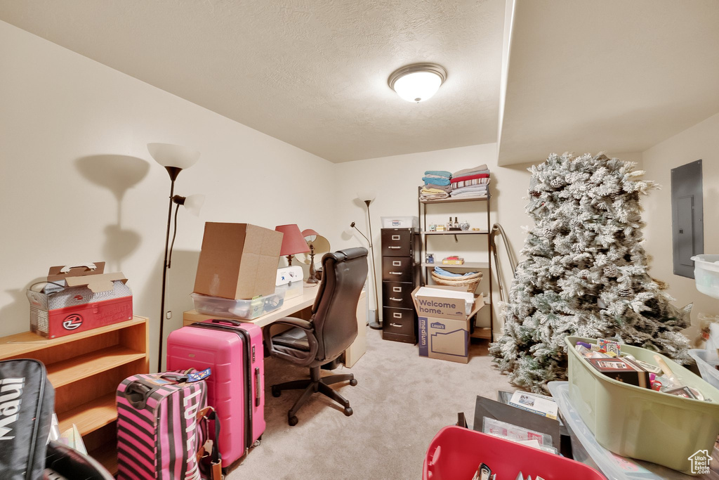 Home office featuring electric panel, light colored carpet, and a textured ceiling