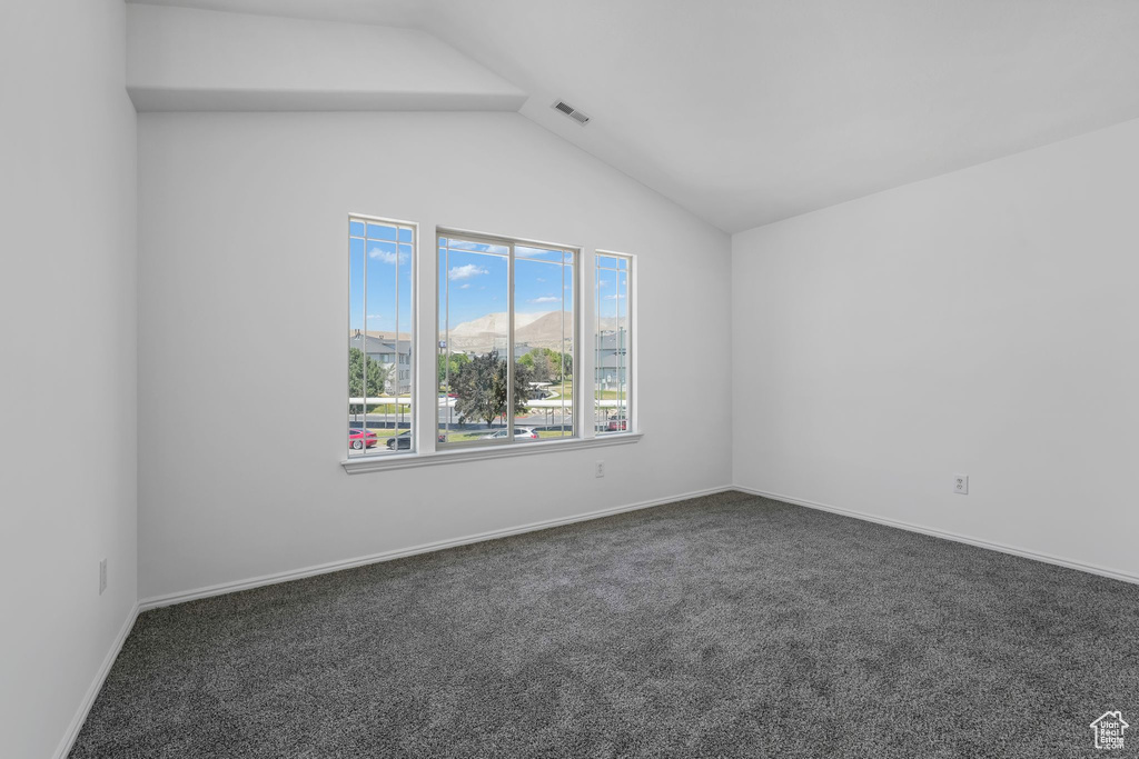 Unfurnished room with carpet and lofted ceiling