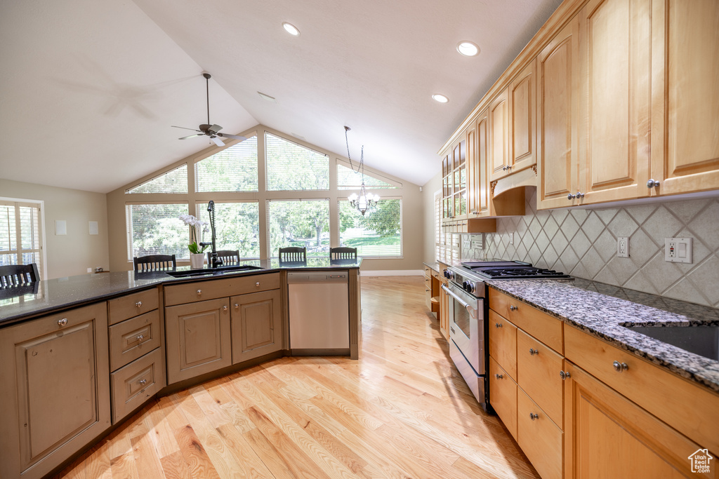 Kitchen with appliances with stainless steel finishes, light wood finished floors, lofted ceiling, a ceiling fan, and decorative backsplash
