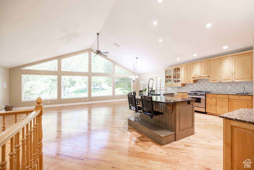 Kitchen with stainless steel range with gas stovetop, light brown cabinets, light wood-style flooring, glass insert cabinets, and lofted ceiling