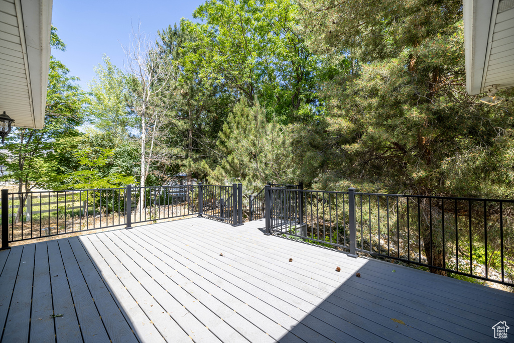 Wooden deck with view of scattered trees