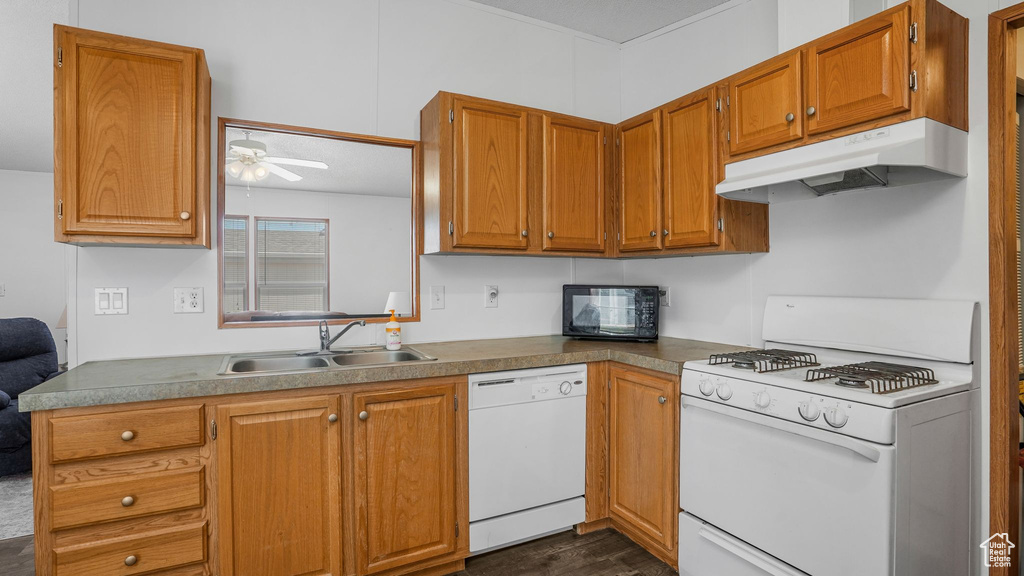 Kitchen featuring white appliances, under cabinet range hood, ceiling fan, dark wood-style flooring, and brown cabinets