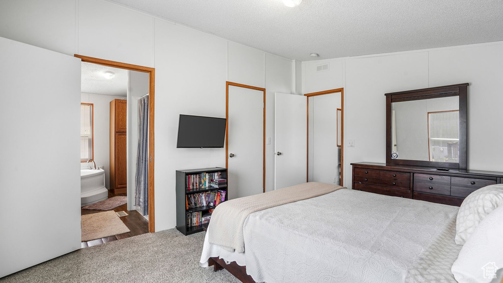 Carpeted bedroom with a textured ceiling and ensuite bath