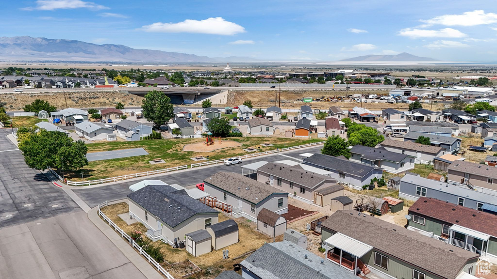 Aerial view of residential area with mountains