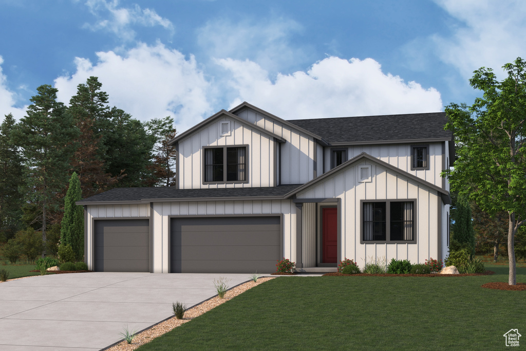 Modern farmhouse with driveway, board and batten siding, roof with shingles, and a front yard