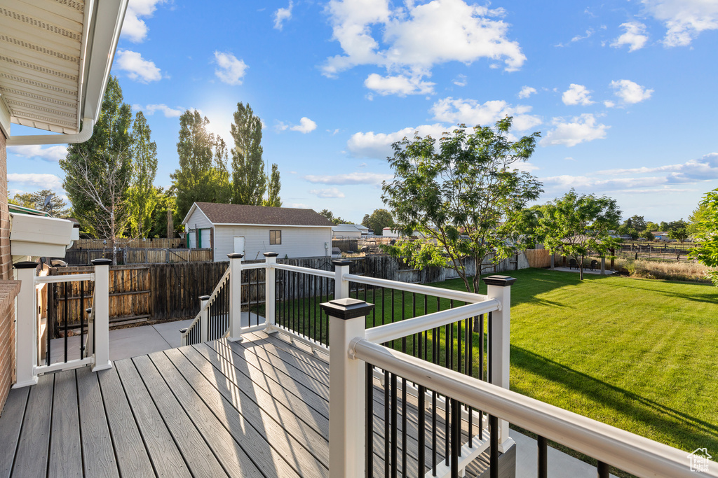Wooden deck featuring a fenced backyard