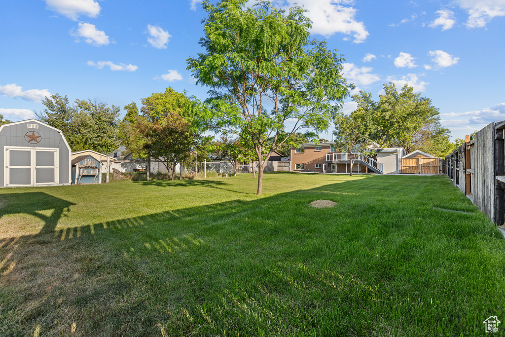 Fenced backyard with a storage unit