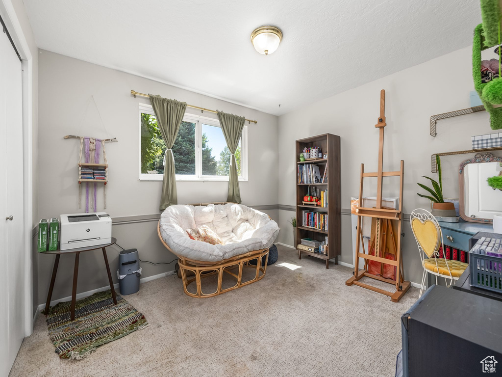 Sitting room with carpet floors and baseboards
