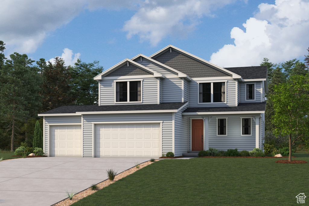 View of front of house featuring concrete driveway, a front lawn, a garage, and roof with shingles