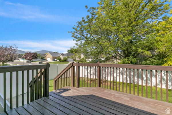 Deck with a fenced backyard and a residential view