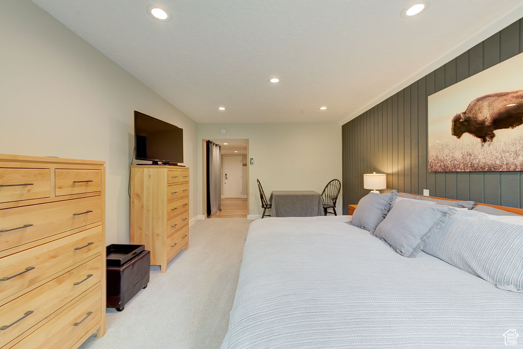 Bedroom featuring recessed lighting and light colored carpet