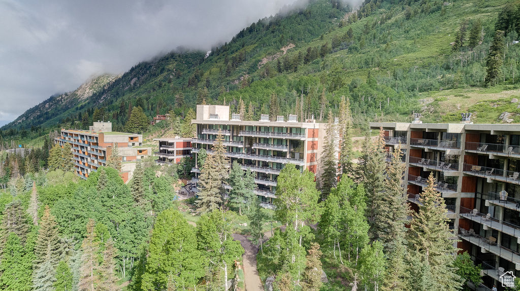 View of apartment building / complex featuring a mountain view and a view of trees