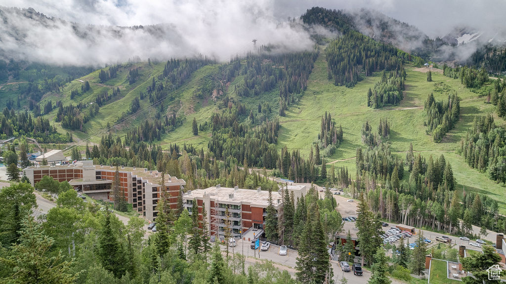 Bird's eye view of mountains and a heavily wooded area