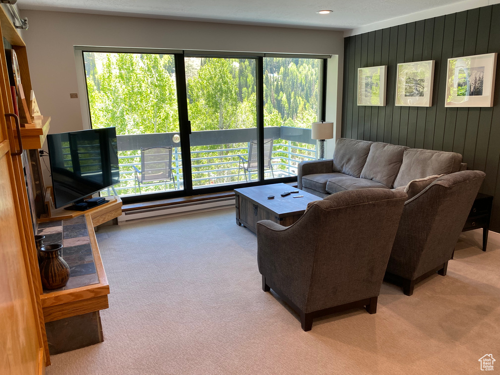 Living room with carpet, a baseboard heating unit, wood walls, and recessed lighting