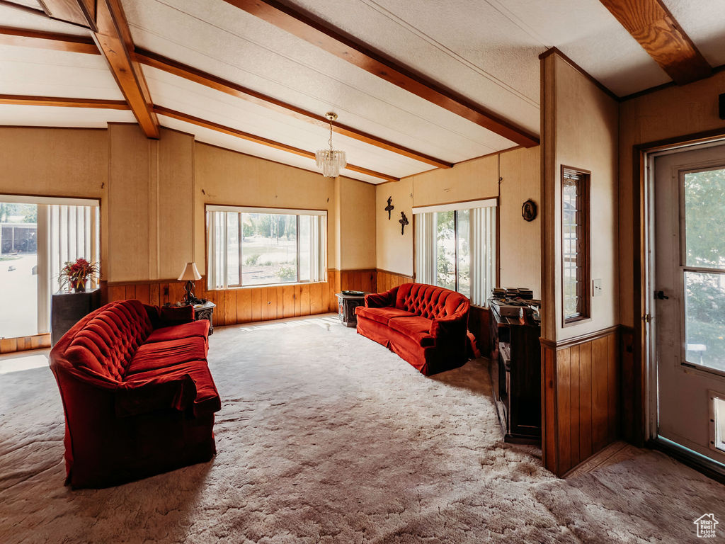 Living area featuring wainscoting, carpet, healthy amount of natural light, and wood walls